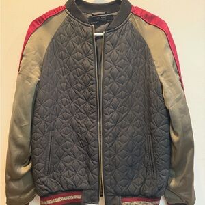 Zara Men's Quilted Bomber Jacket - Gray and Red